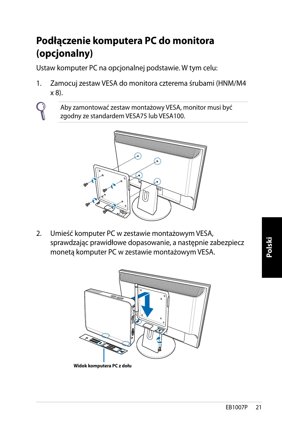 Podłączenie komputera pc do monitora (opcjonalny) | Asus EB1007P User Manual | Page 123 / 136