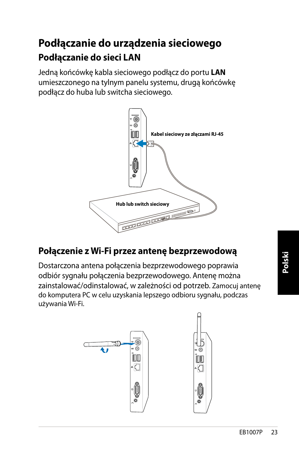 Podłączanie do urządzenia sieciowego, Podłączanie do sieci lan, Połączenie z wi-fi przez antenę bezprzewodową | Asus EB1007P User Manual | Page 125 / 136