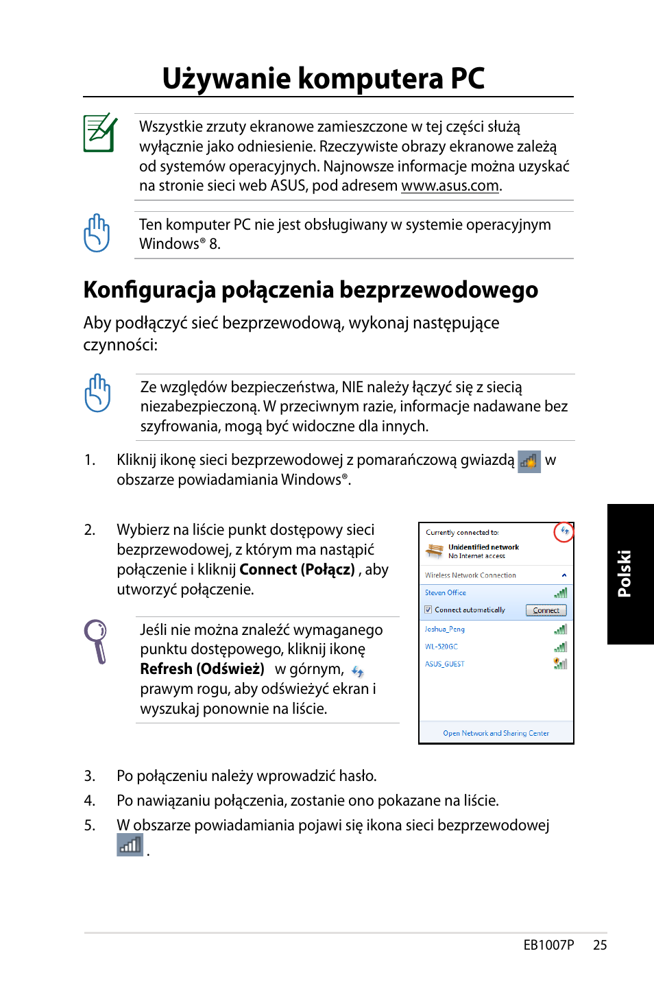 Obsługa komputera eee box, Konfiguracja połączenia bezprzewodowego, Używanie komputera pc | Asus EB1007P User Manual | Page 127 / 136