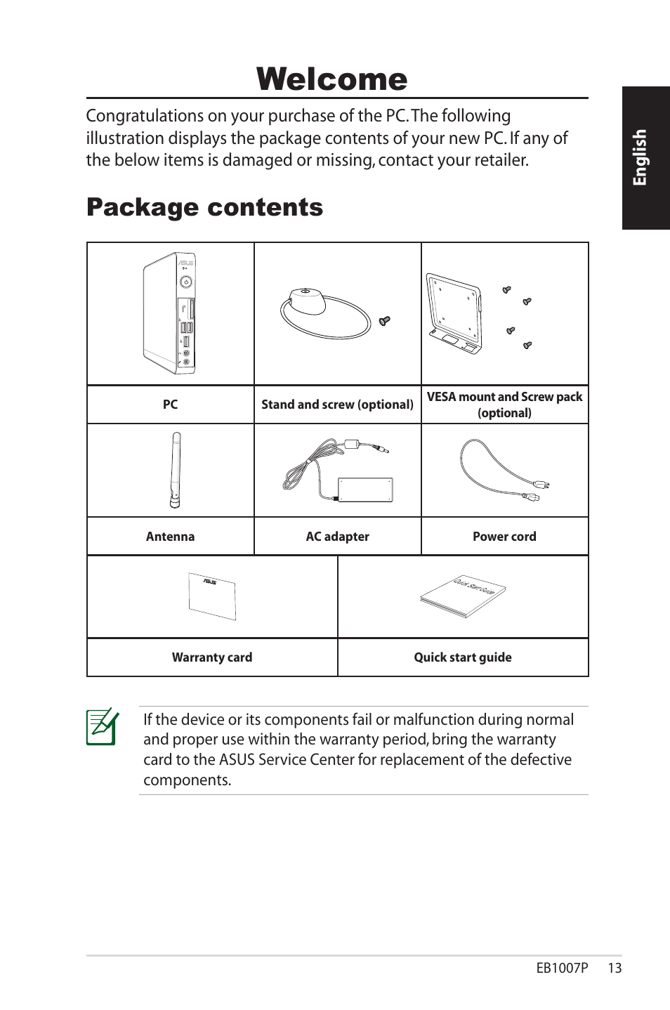 Welcome, Package contents | Asus EB1007P User Manual | Page 13 / 136