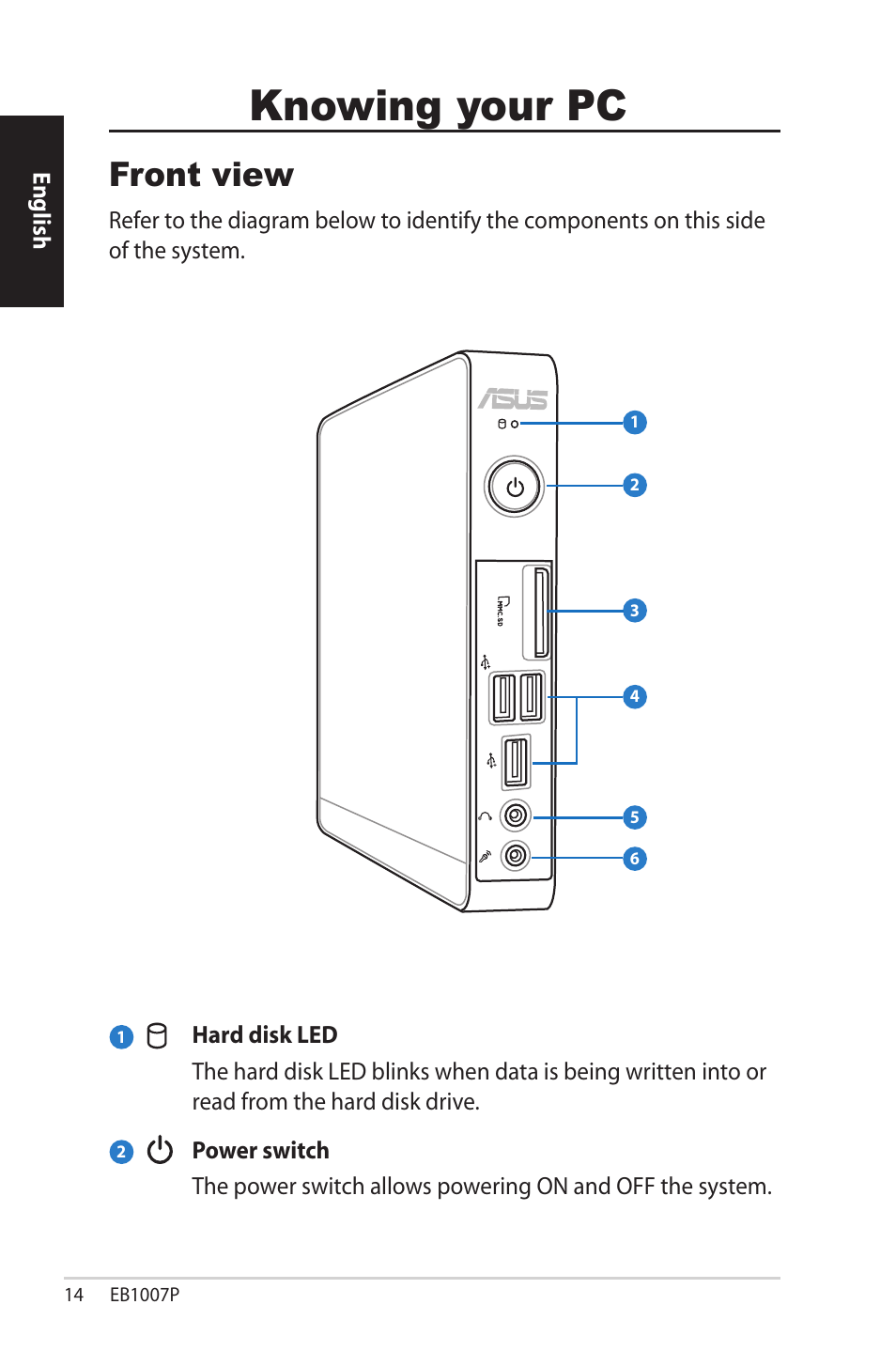 Knowing your pc, Front view | Asus EB1007P User Manual | Page 14 / 136