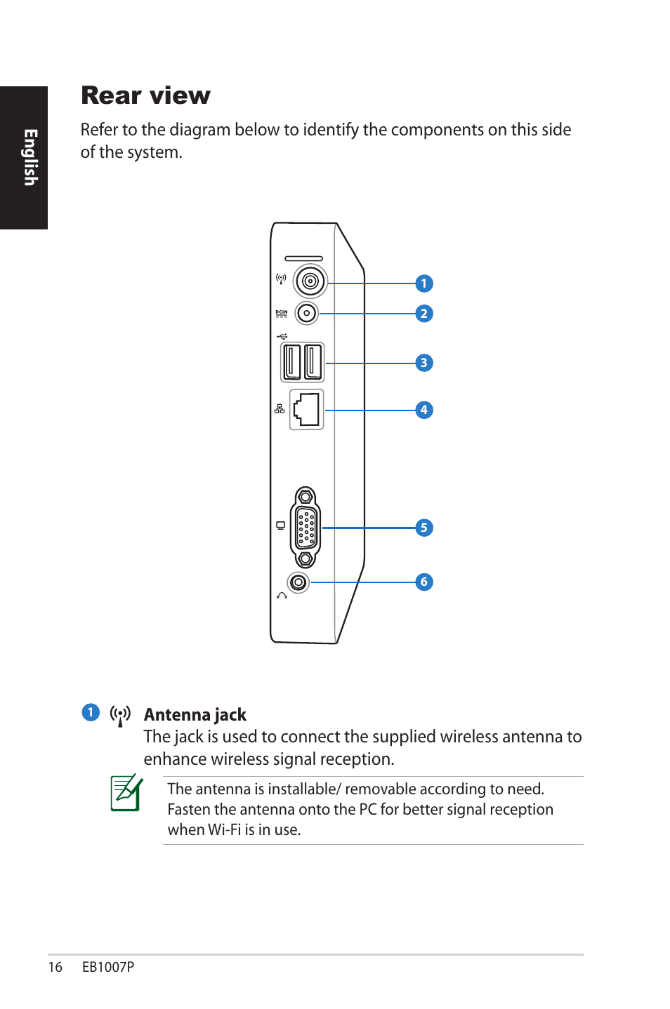 Rear view | Asus EB1007P User Manual | Page 16 / 136