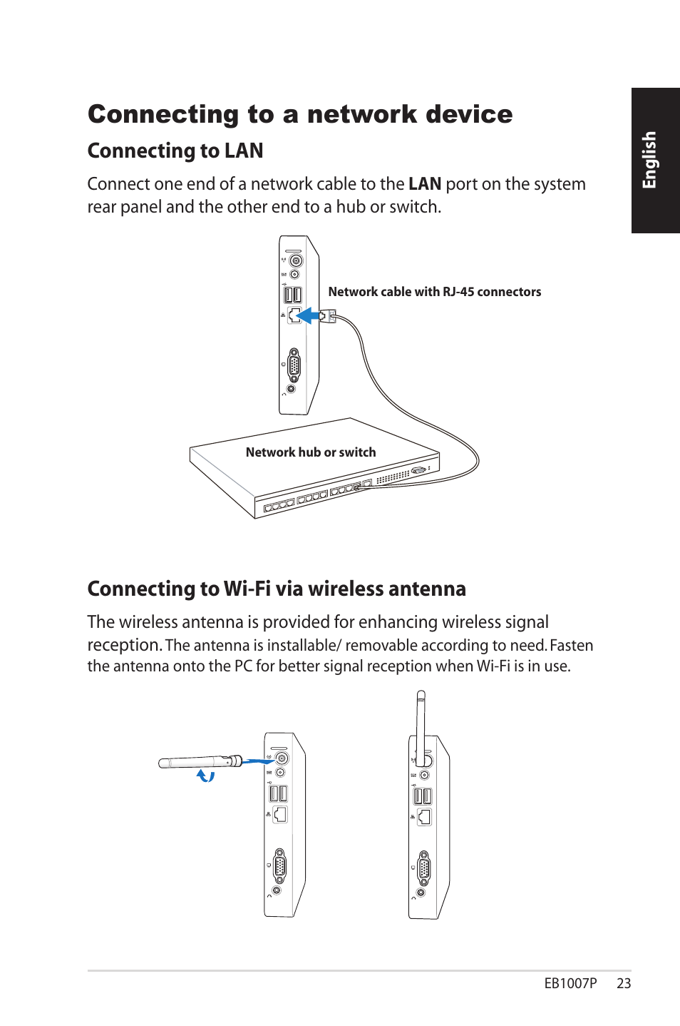 Connecting to a network device, Connecting to lan, Connecting to wi-fi via wireless antenna | Asus EB1007P User Manual | Page 23 / 136