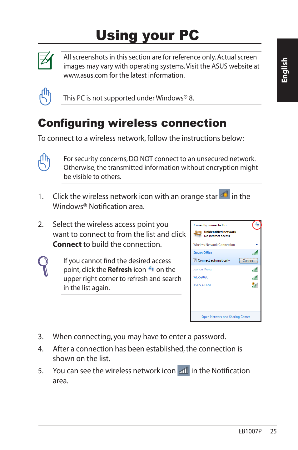 Using your pc, Configuring wireless connection | Asus EB1007P User Manual | Page 25 / 136