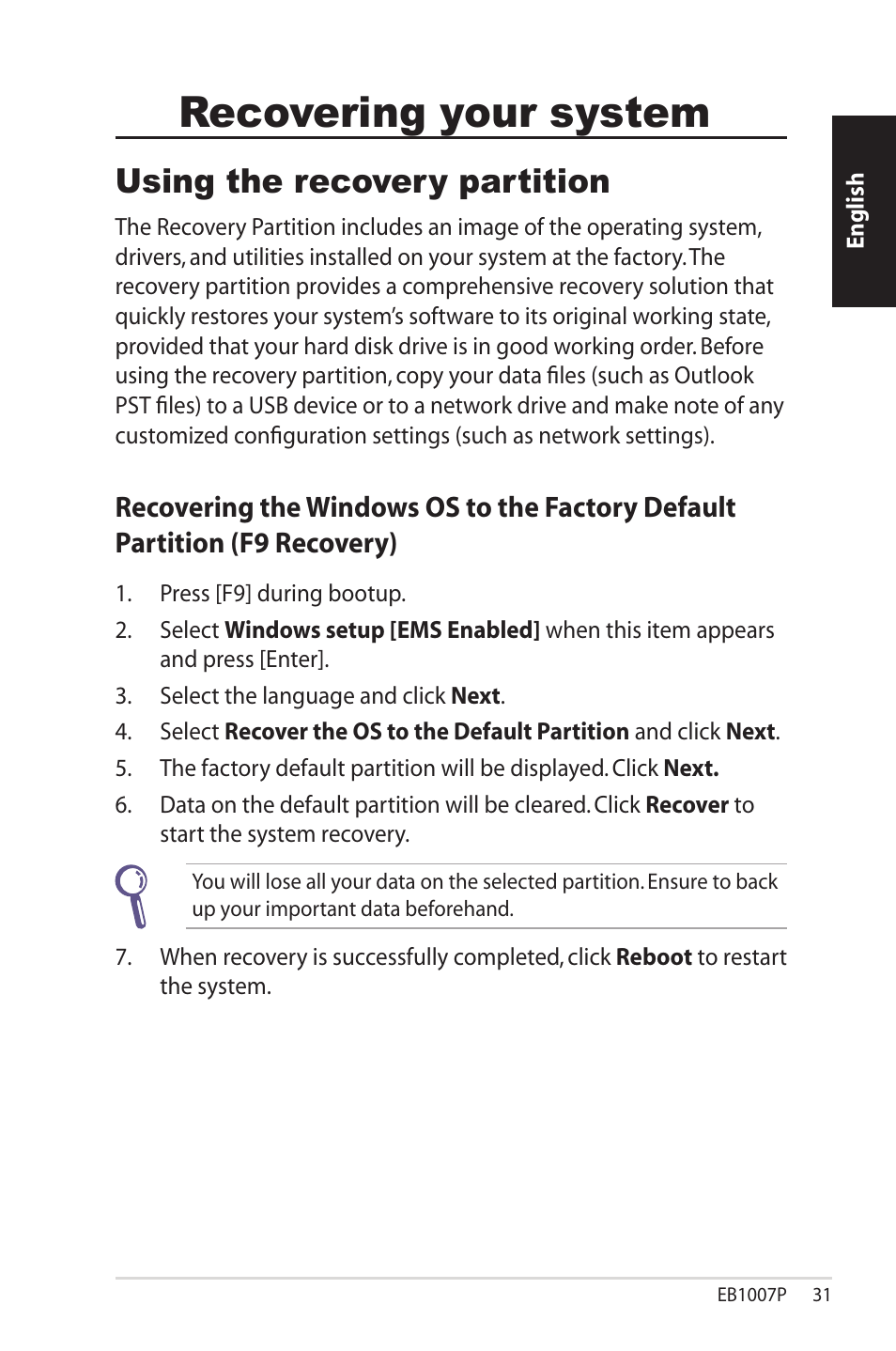 Recovering your system, Using the recovery partition | Asus EB1007P User Manual | Page 31 / 136