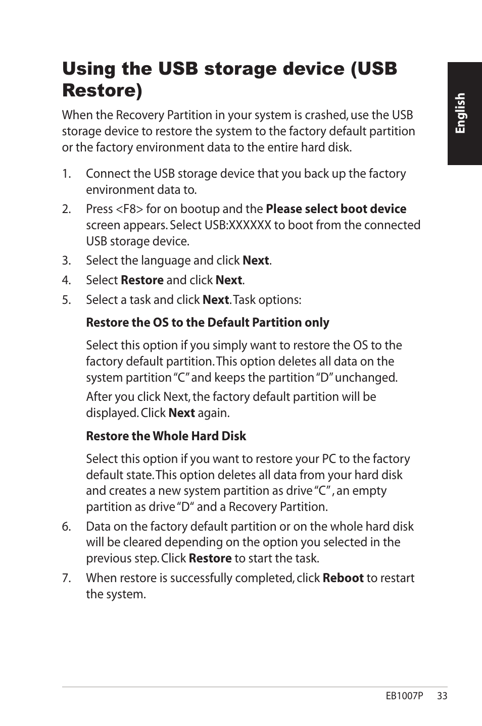 Using the usb storage device (usb restore) | Asus EB1007P User Manual | Page 33 / 136