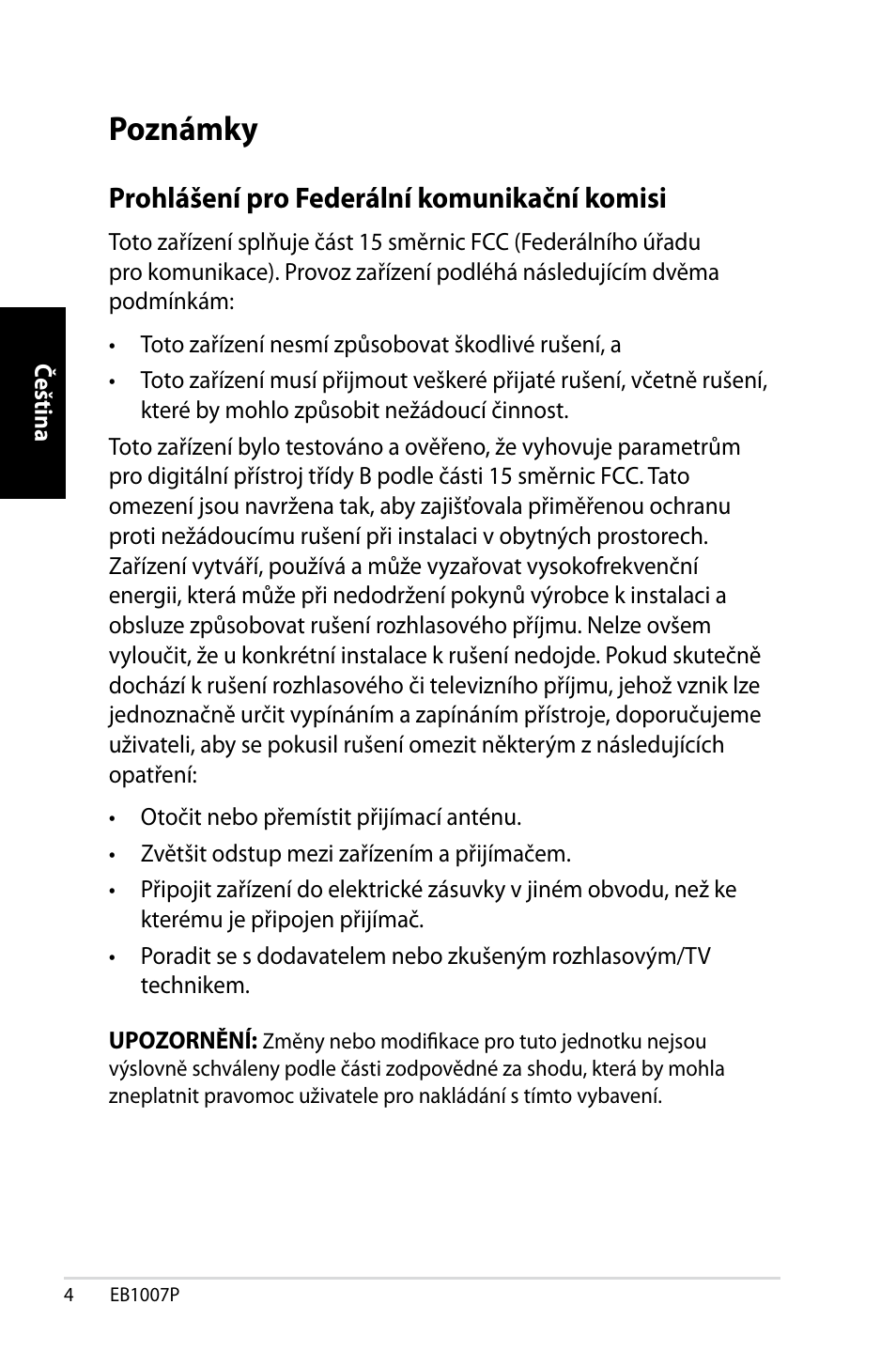 Poznámky, Prohlášení pro federální komunikační komisi | Asus EB1007P User Manual | Page 38 / 136