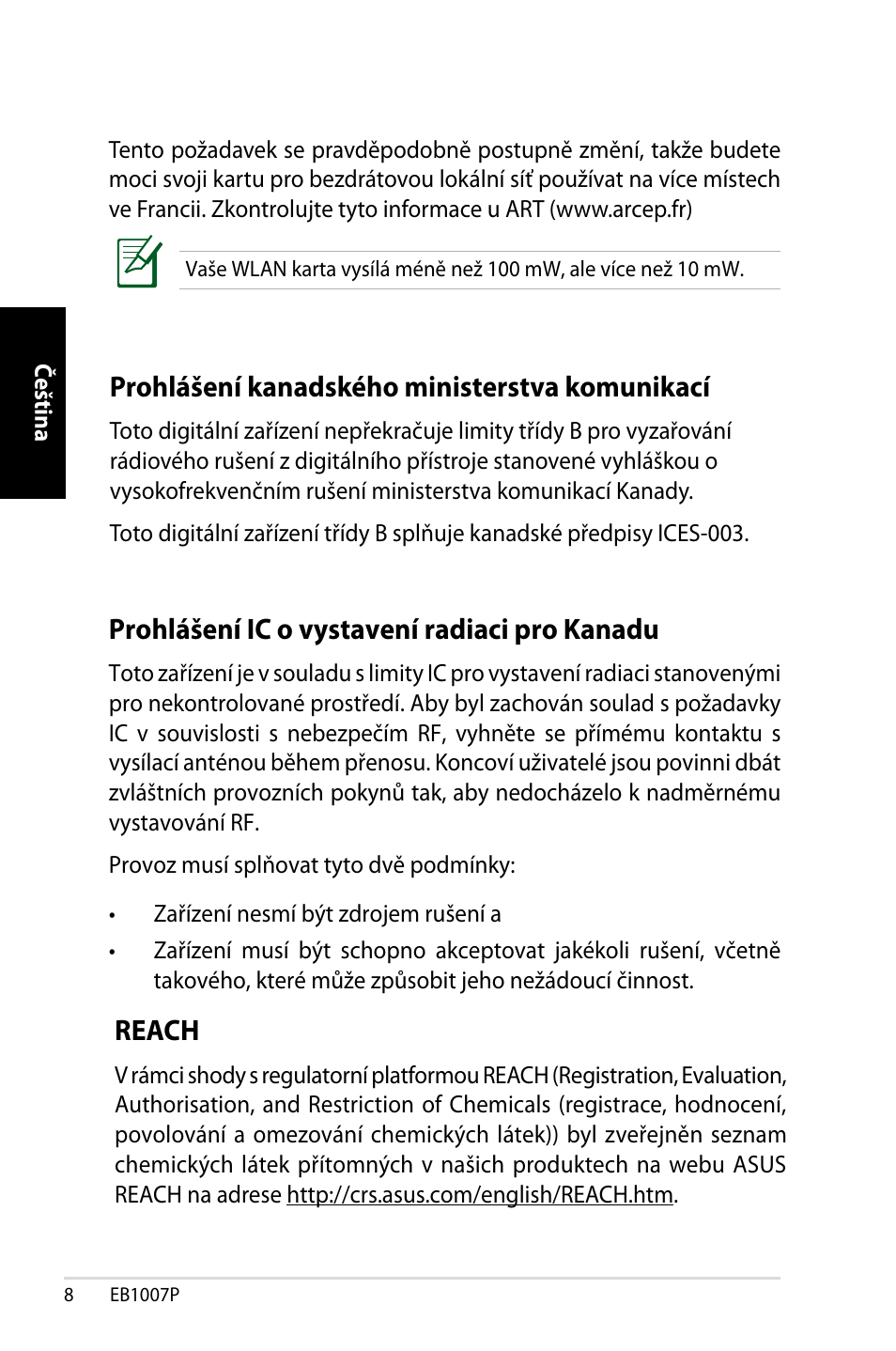 Prohlášení kanadského ministerstva komunikací, Prohlášení ic o vystavení radiaci pro kanadu, Reach | Asus EB1007P User Manual | Page 42 / 136