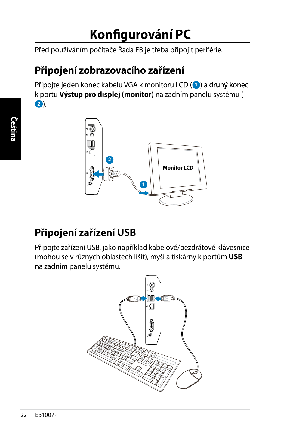 Konfigurování pc, Připojení zobrazovacího zařízení, Připojení zařízení usb | Asus EB1007P User Manual | Page 56 / 136