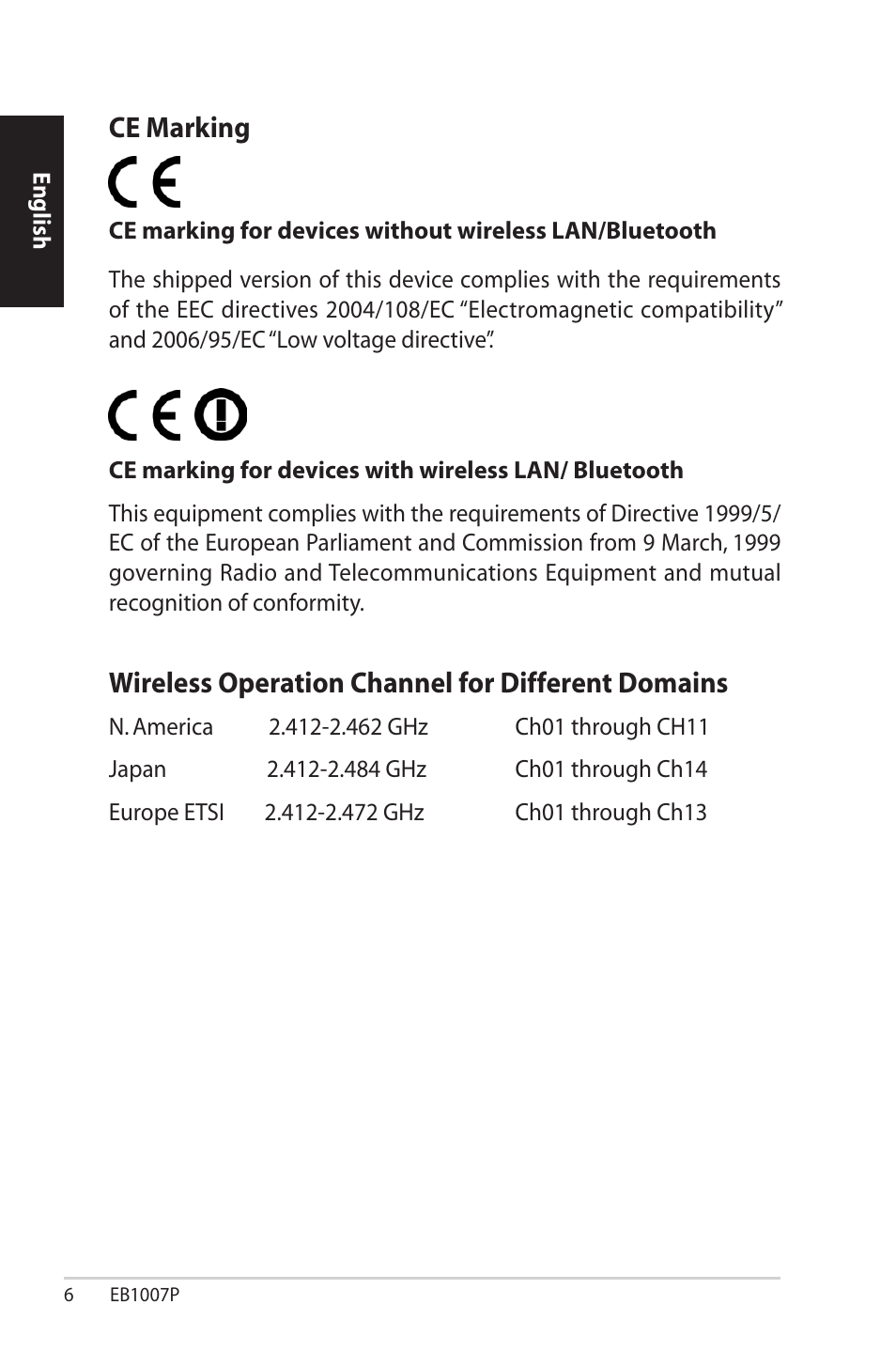 Ce marking, Wireless operation channel for different domains | Asus EB1007P User Manual | Page 6 / 136