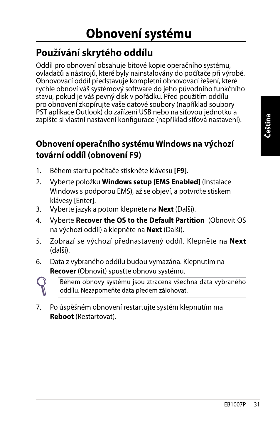 Obnovení systému, Používání skrytého oddílu | Asus EB1007P User Manual | Page 65 / 136