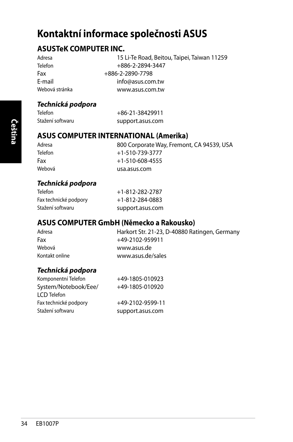 Kontaktní informace společnosti asus, Čeština, Asustek computer inc | Asus computer international (amerika), Asus computer gmbh (německo a rakousko) | Asus EB1007P User Manual | Page 68 / 136