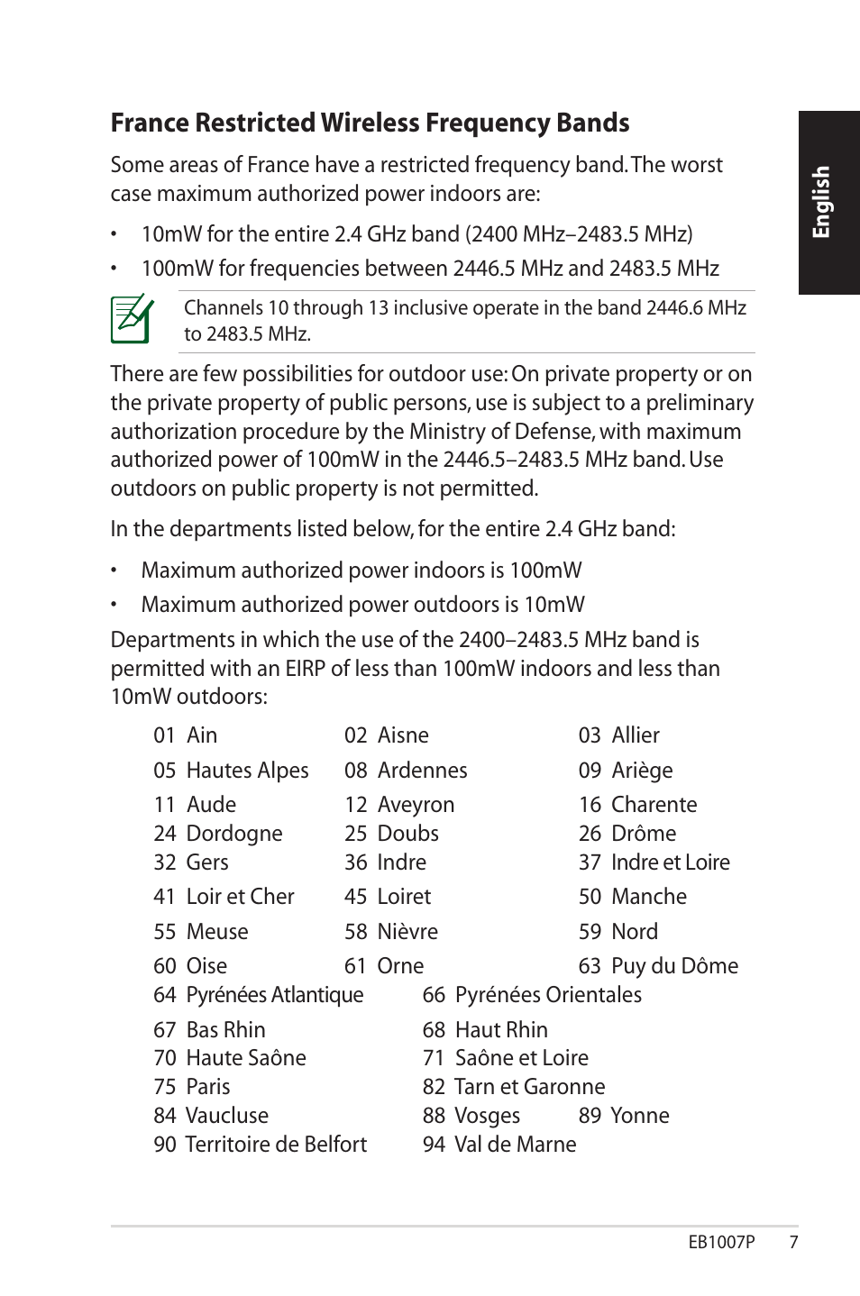 France restricted wireless frequency bands | Asus EB1007P User Manual | Page 7 / 136