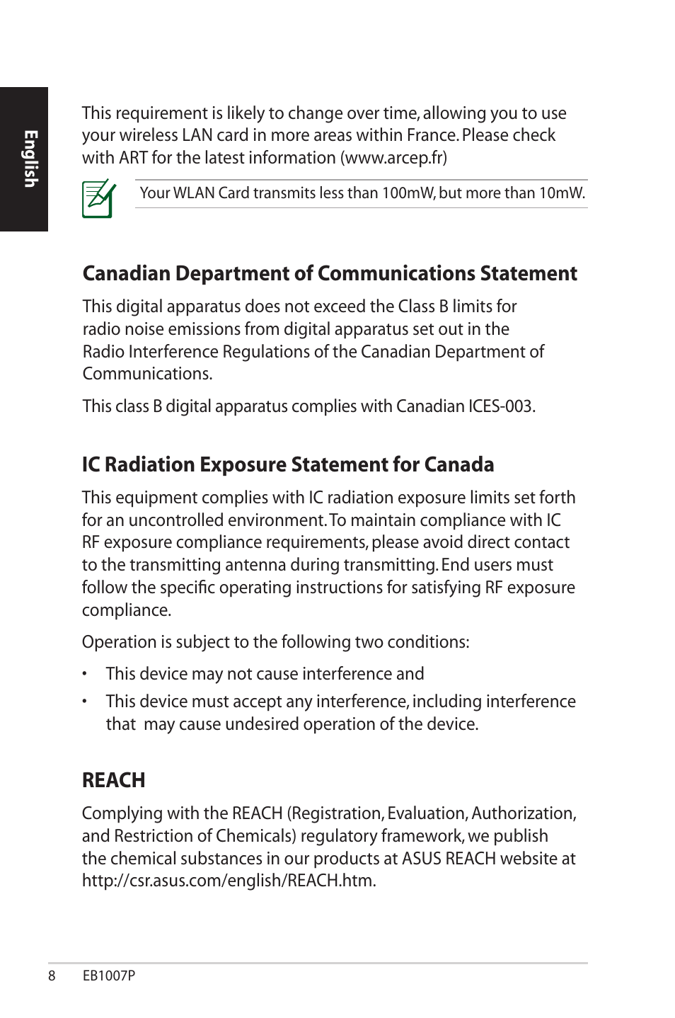 Canadian department of communications statement, Ic radiation exposure statement for canada, Reach | Asus EB1007P User Manual | Page 8 / 136