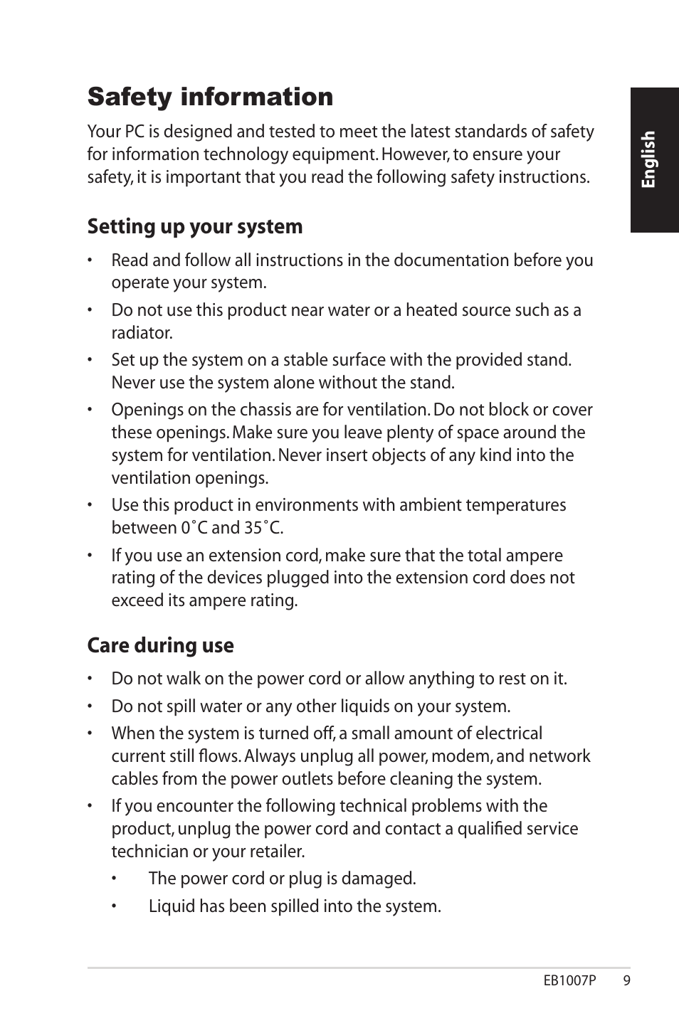 Safety information, Setting up your system, Care during use | Asus EB1007P User Manual | Page 9 / 136