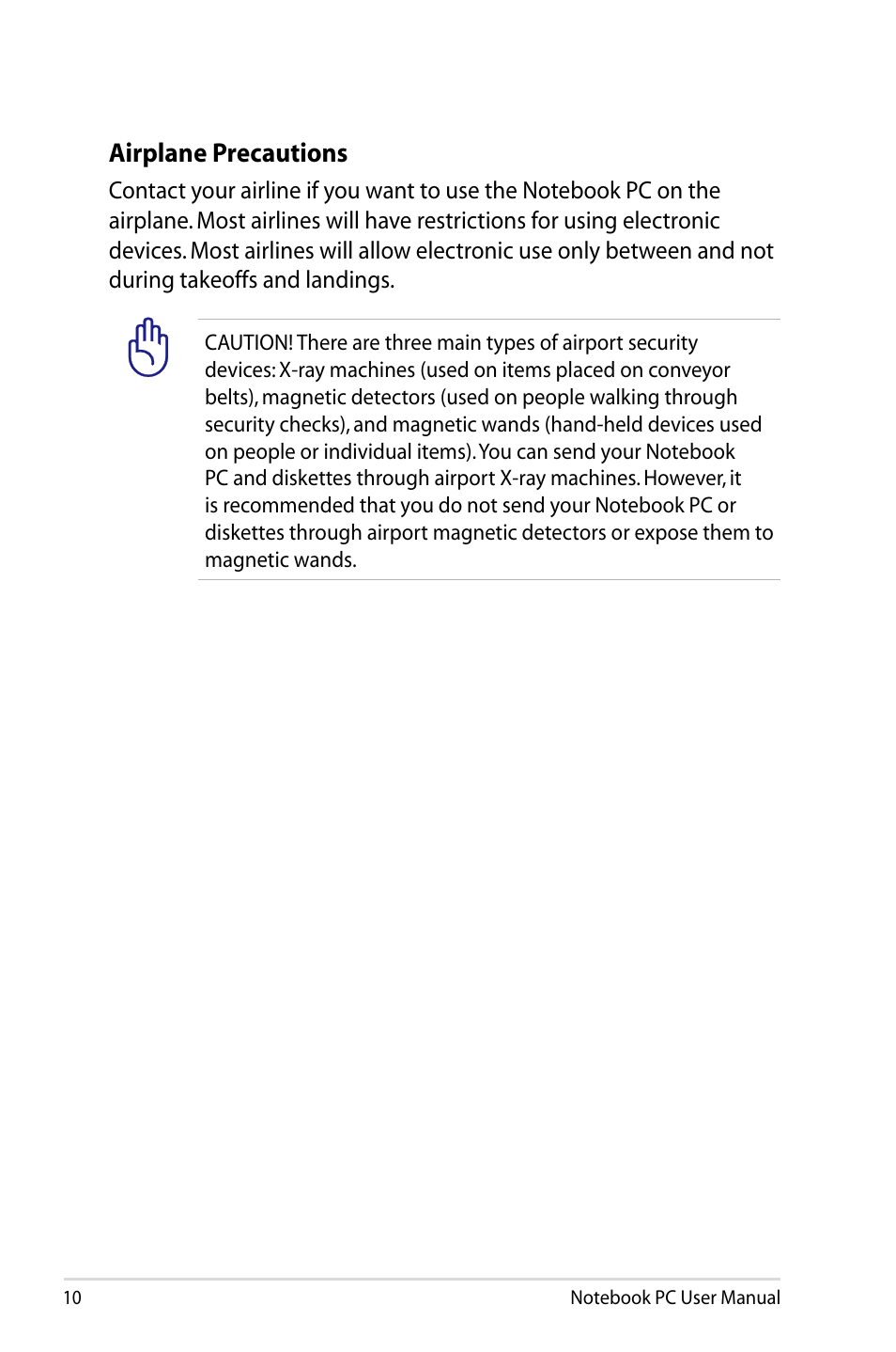 Airplane precautions | Asus B23E User Manual | Page 10 / 114