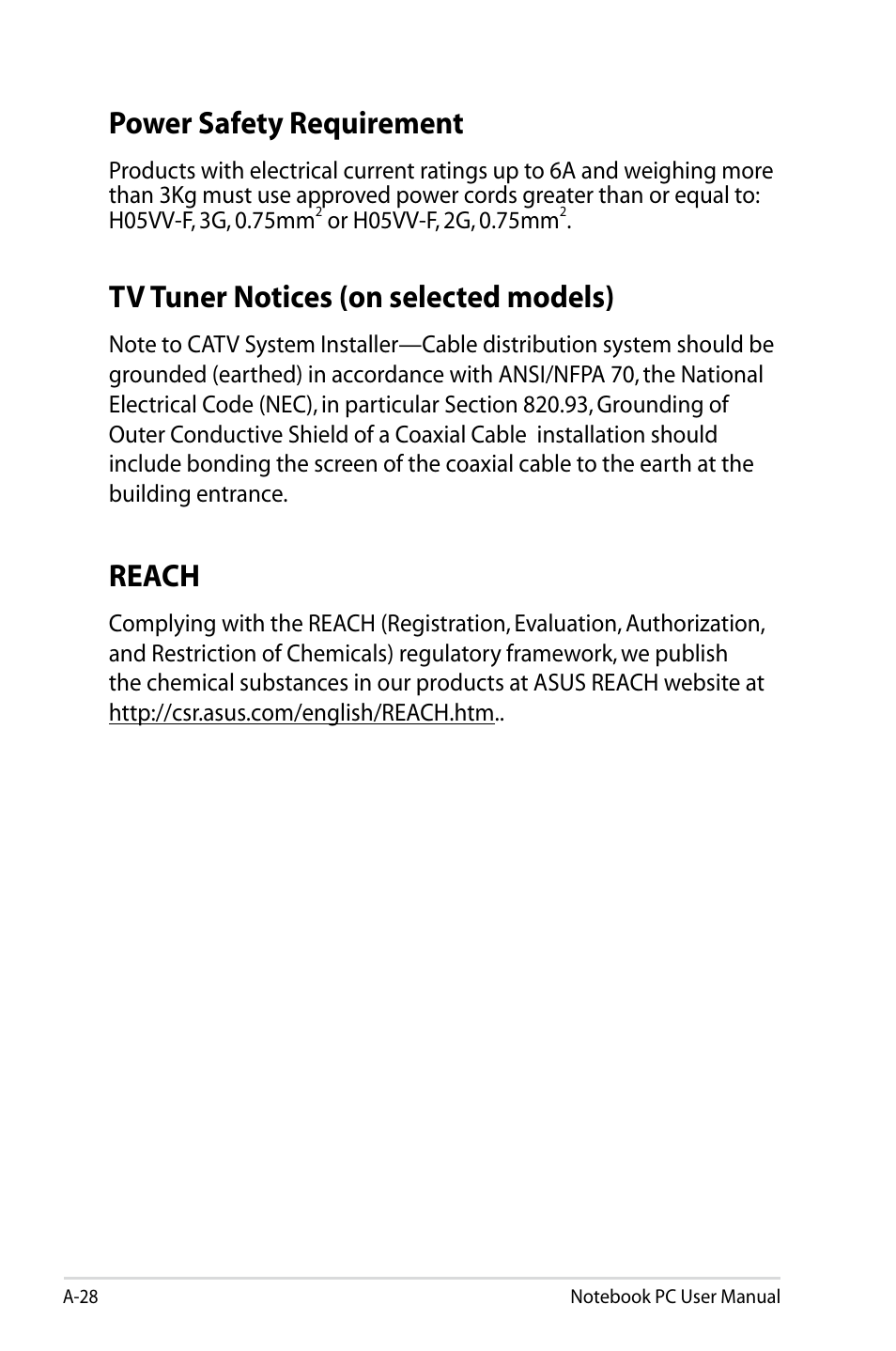 Power safety requirement, Reach, Tv tuner notices (on selected models) | Asus B23E User Manual | Page 104 / 114