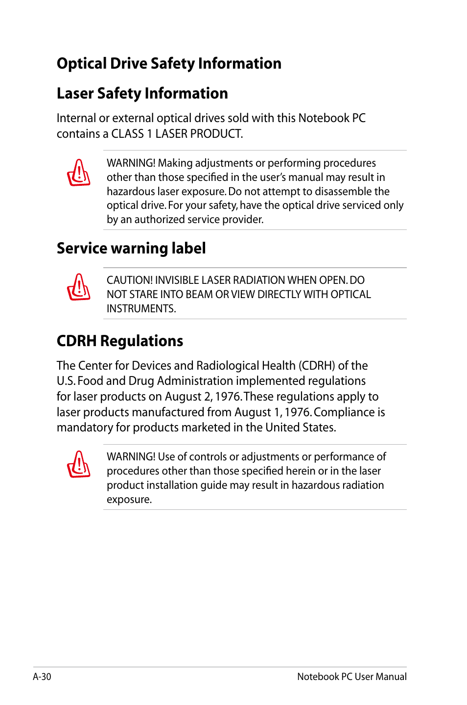 Service warning label, Cdrh regulations | Asus B23E User Manual | Page 106 / 114