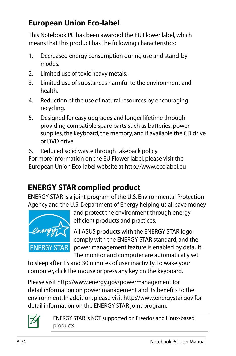 European union eco-label, Energy star complied product | Asus B23E User Manual | Page 110 / 114