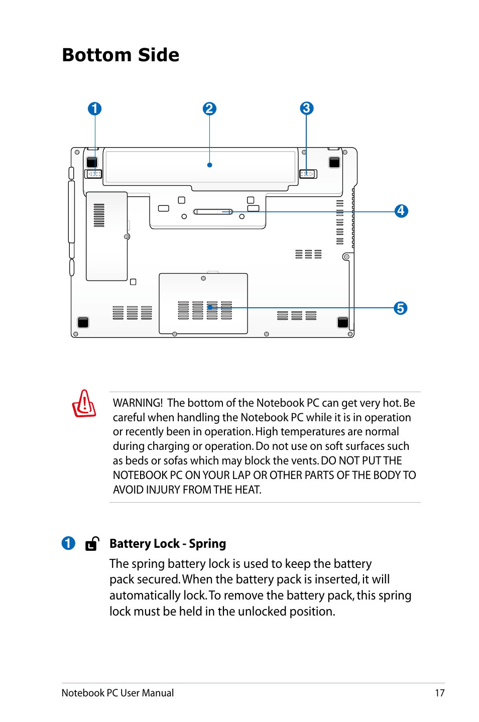 Bottom side | Asus B23E User Manual | Page 17 / 114