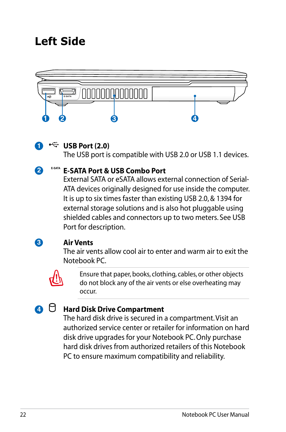 Left side | Asus B23E User Manual | Page 22 / 114