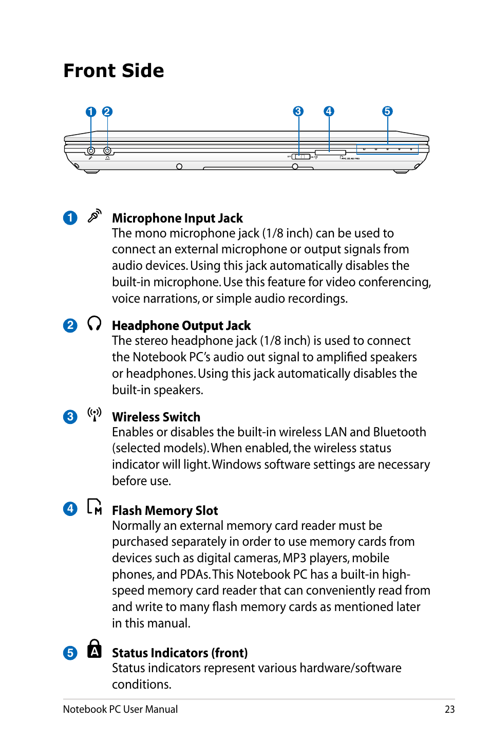 Front side | Asus B23E User Manual | Page 23 / 114