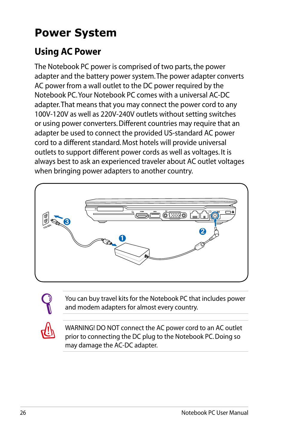 Power system, Using ac power | Asus B23E User Manual | Page 26 / 114