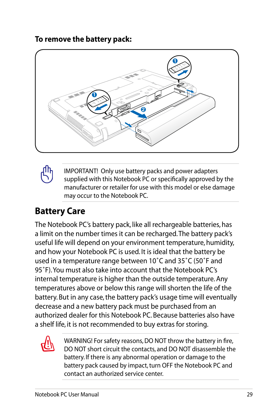 Battery care | Asus B23E User Manual | Page 29 / 114