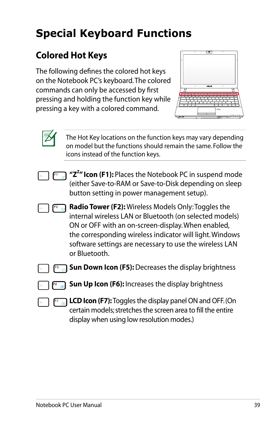 Special keyboard functions, Colored hot keys | Asus B23E User Manual | Page 39 / 114