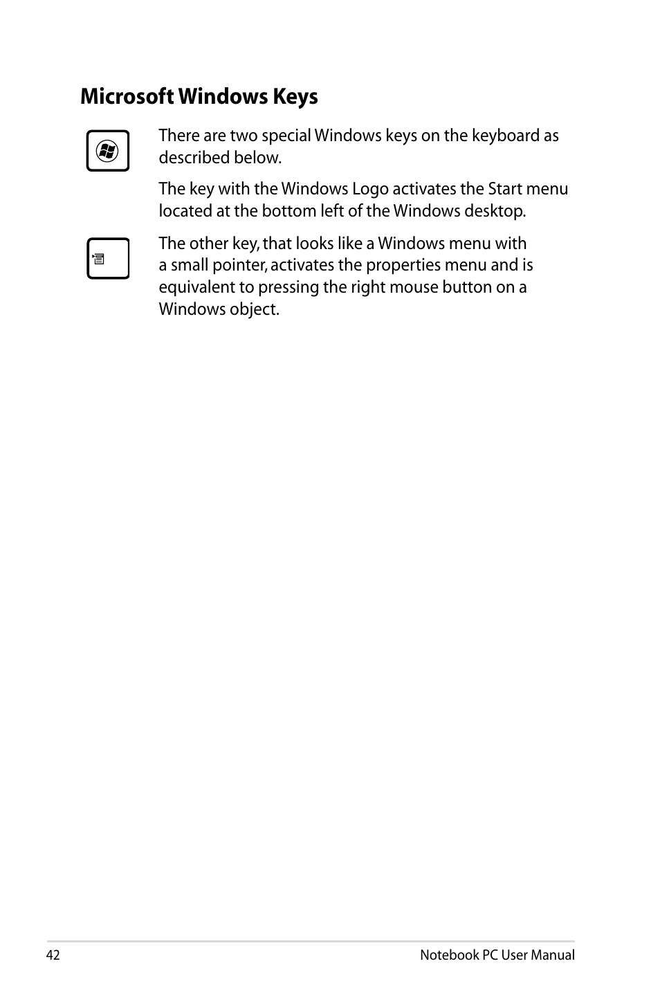 Microsoft windows keys | Asus B23E User Manual | Page 42 / 114