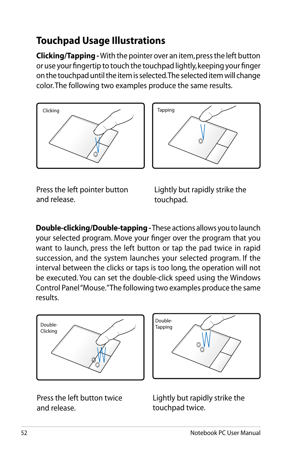 Touchpad usage illustrations | Asus B23E User Manual | Page 52 / 114