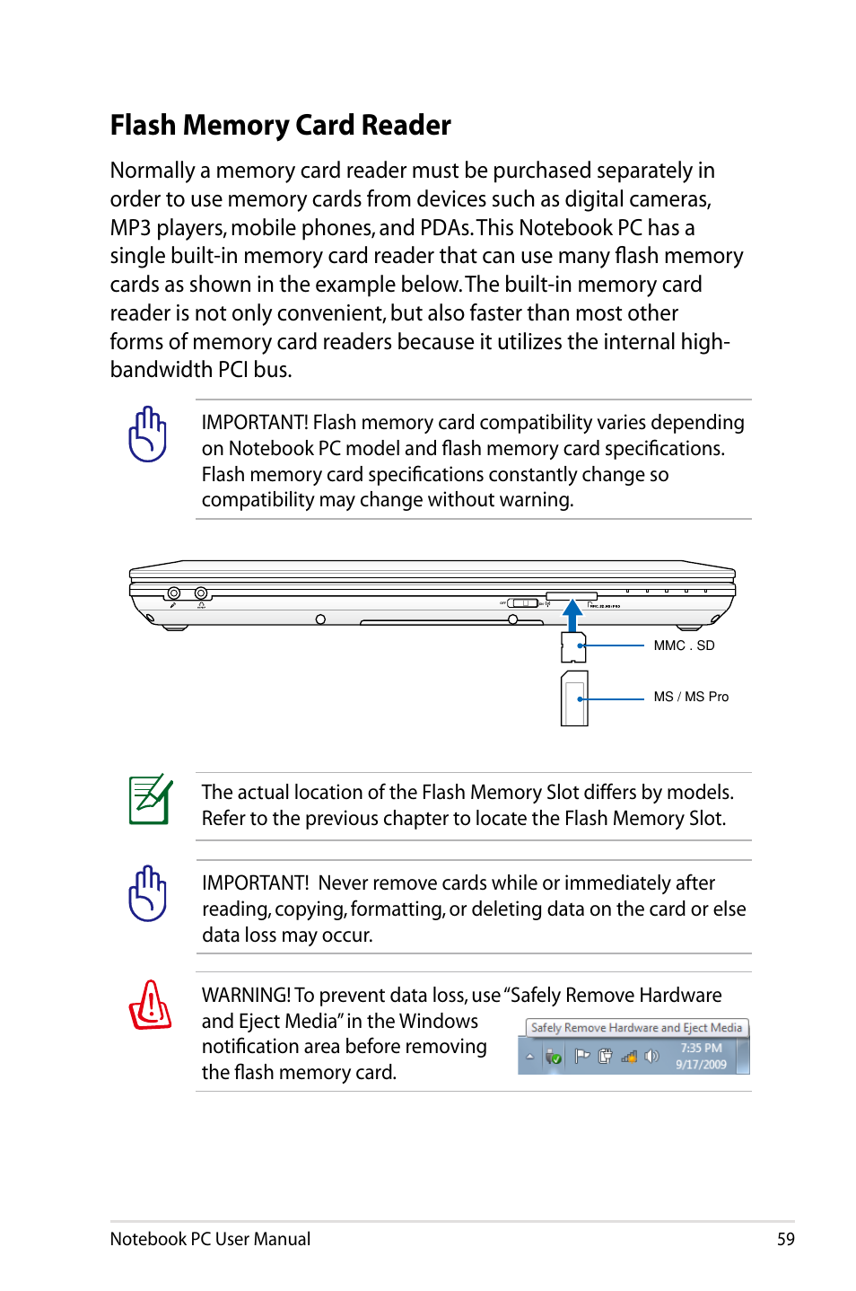 Flash memory card reader | Asus B23E User Manual | Page 59 / 114