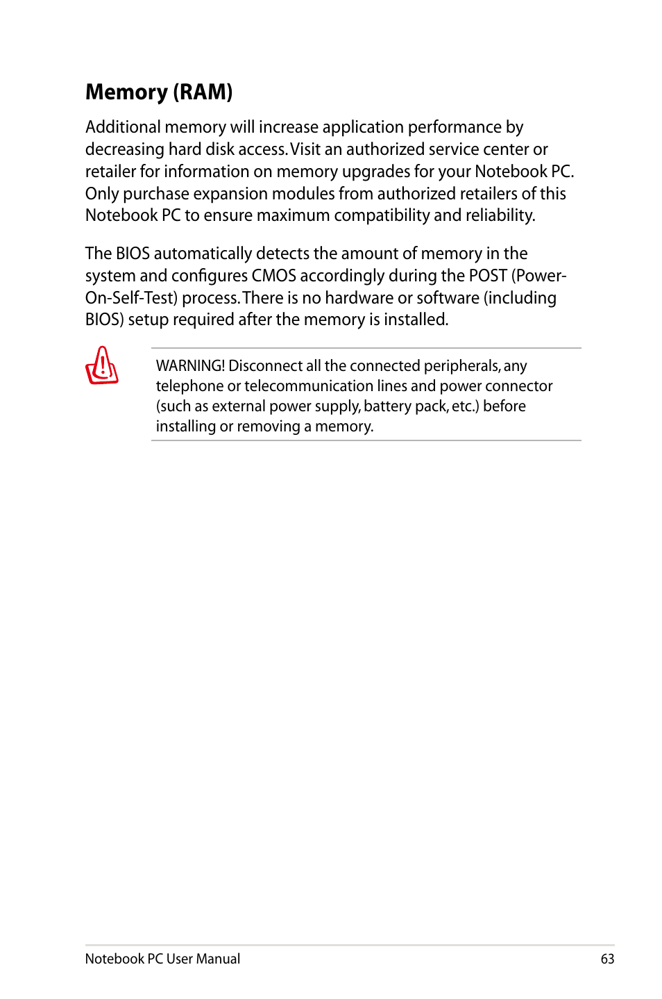 Memory (ram) | Asus B23E User Manual | Page 63 / 114