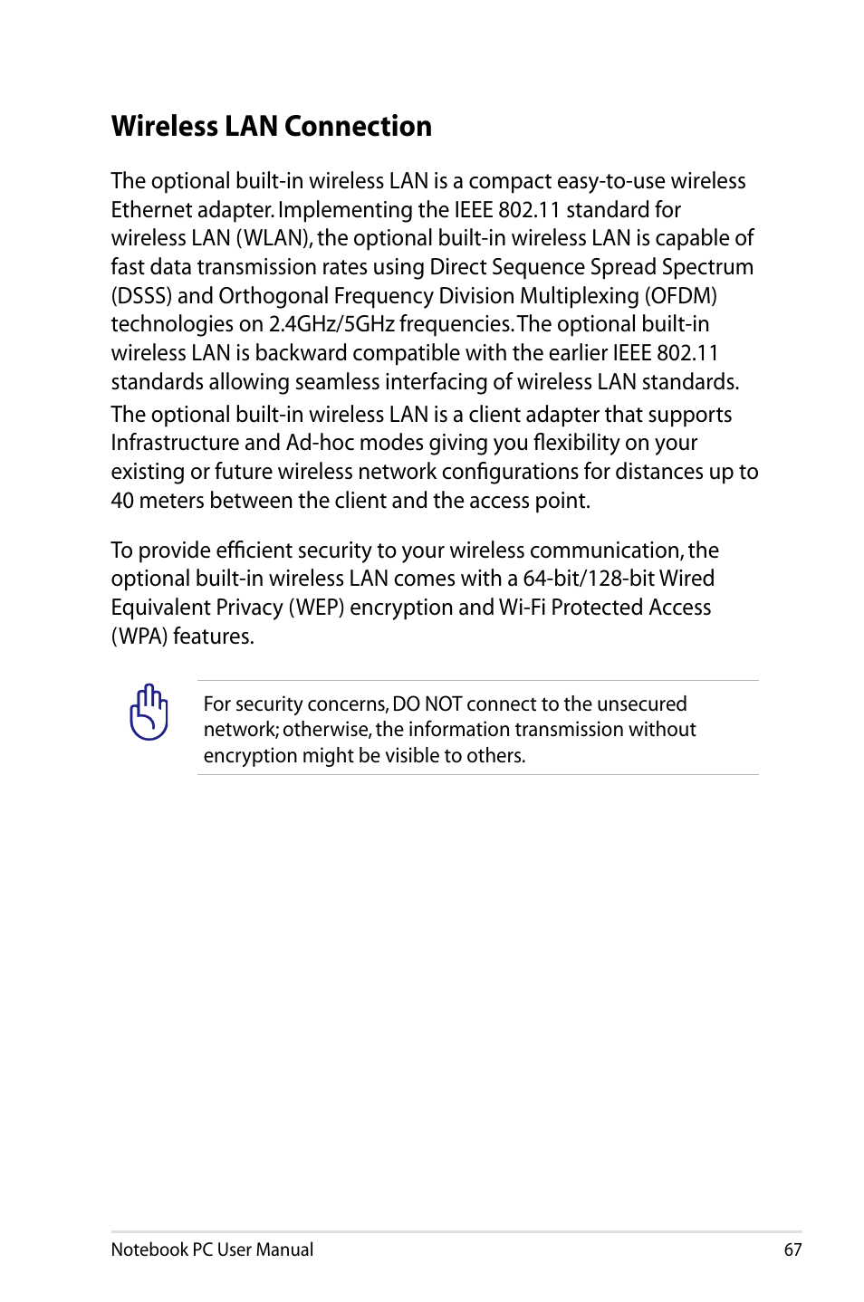 Wireless lan connection | Asus B23E User Manual | Page 67 / 114