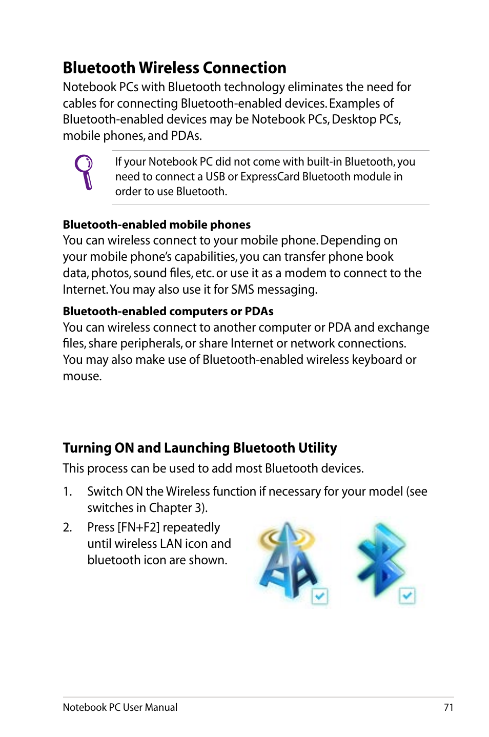 Bluetooth wireless connection, Notebook pcs with bluetooth | Asus B23E User Manual | Page 71 / 114