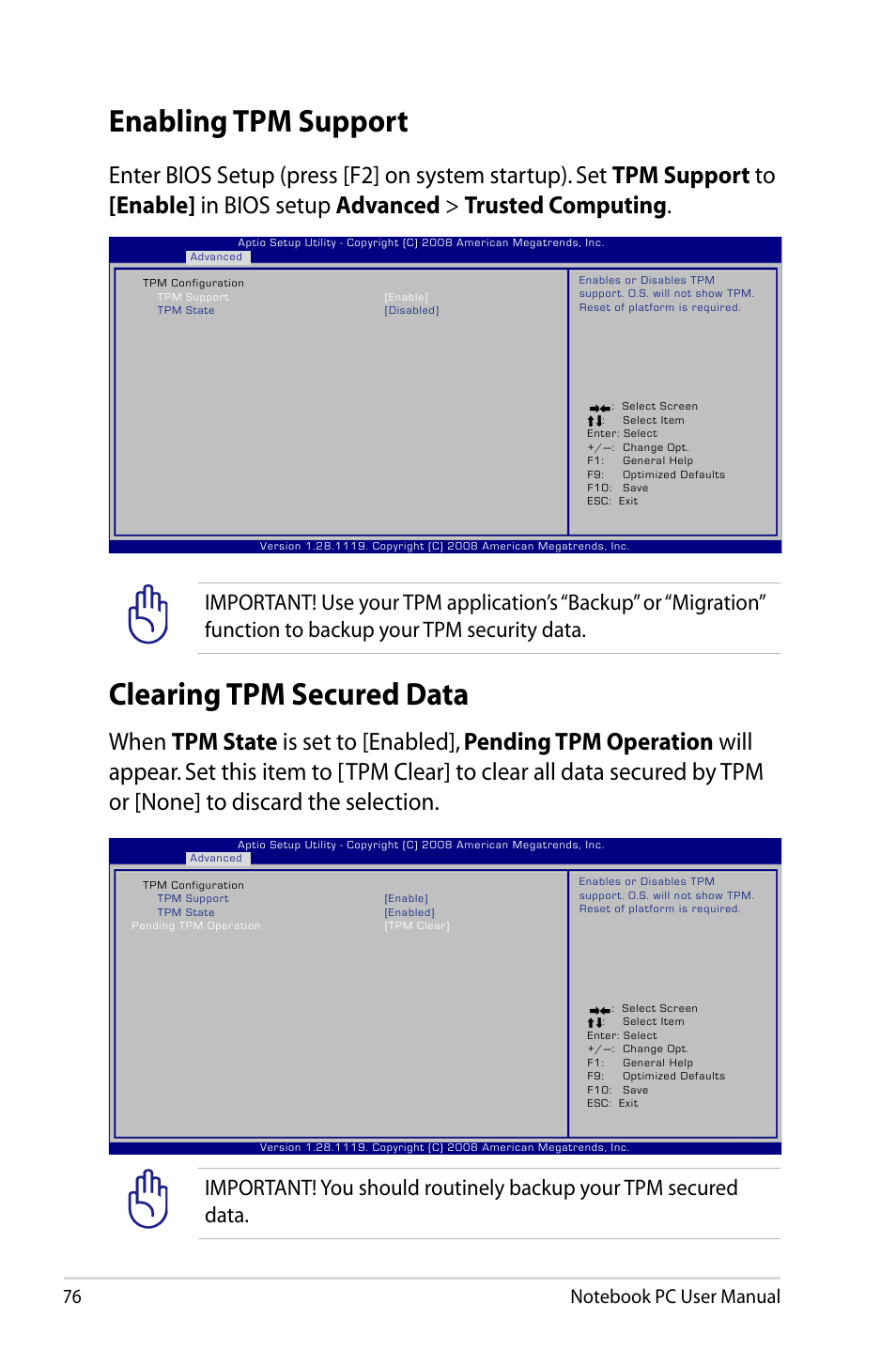 Enabling tpm support clearing tpm secured data, Enabling tpm support, Clearing tpm secured data | Asus B23E User Manual | Page 76 / 114