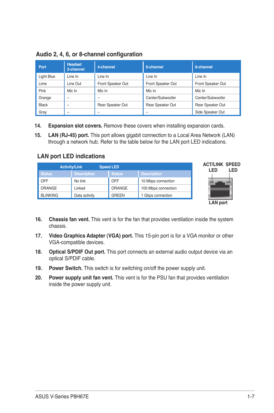 Audio 2, 4, 6, or 8-channel configuration, Lan port led indications, 7 asus v-series p8h67e | Asus V9-P8H67E User Manual | Page 16 / 78