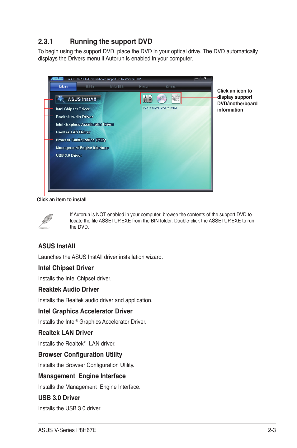 1 running the support dvd | Asus V9-P8H67E User Manual | Page 24 / 78