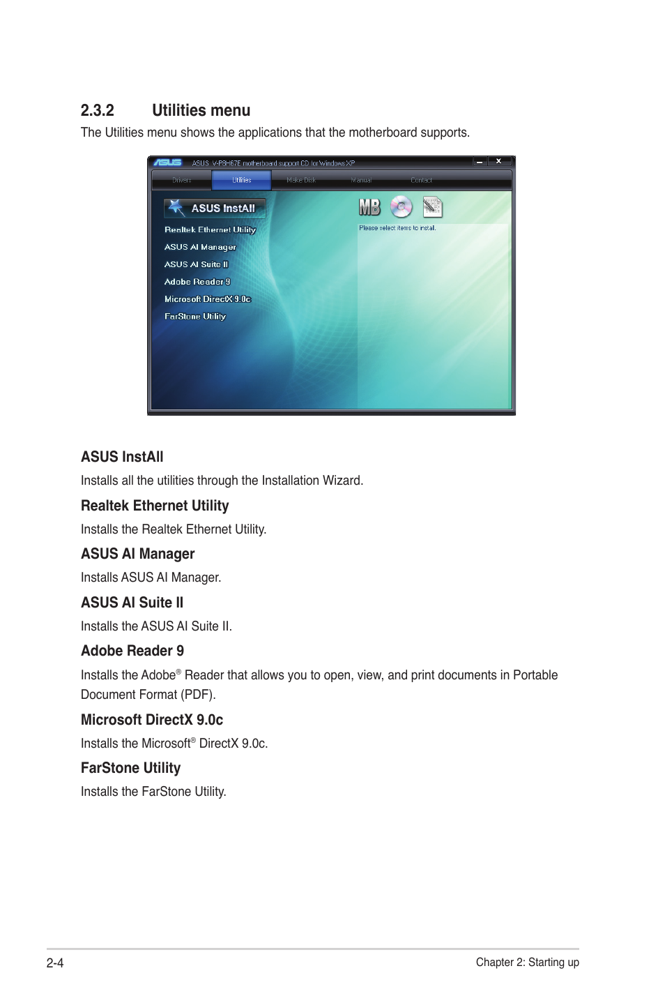 2 utilities menu | Asus V9-P8H67E User Manual | Page 25 / 78