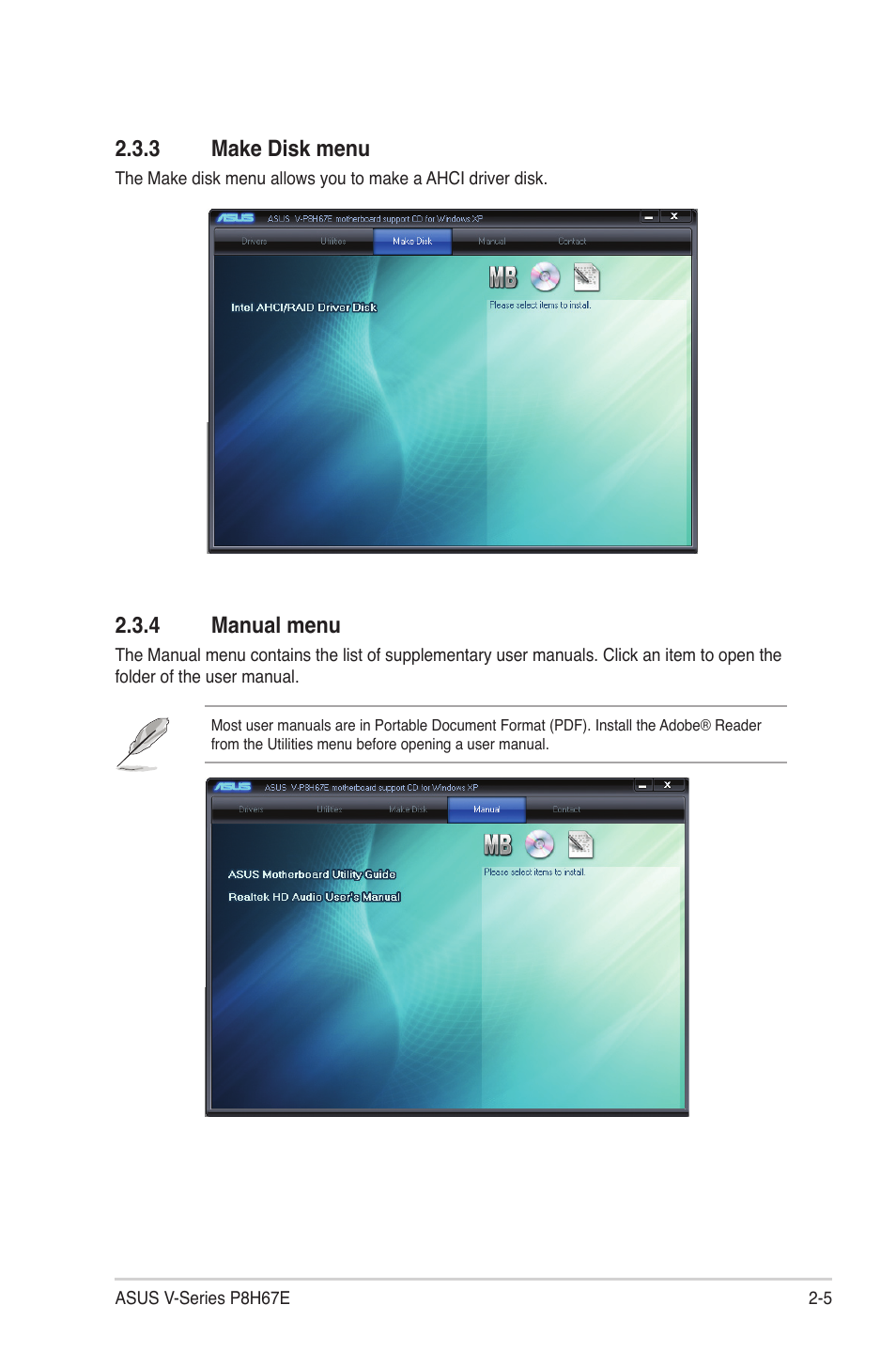 3 make disk menu, 4 manual menu | Asus V9-P8H67E User Manual | Page 26 / 78