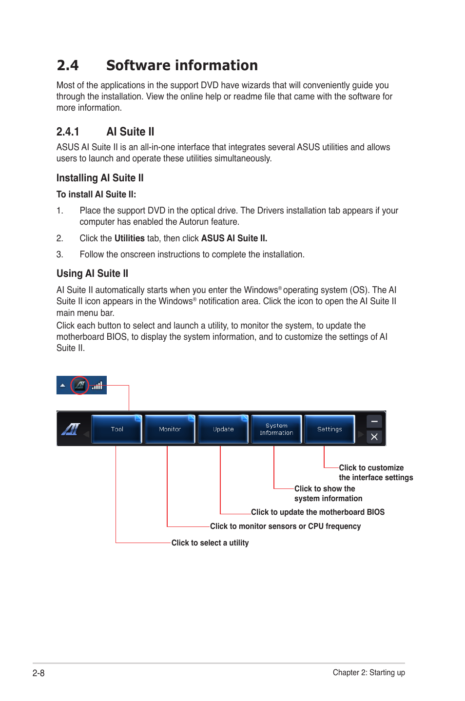 4 software information, 1 ai suite ii | Asus V9-P8H67E User Manual | Page 29 / 78