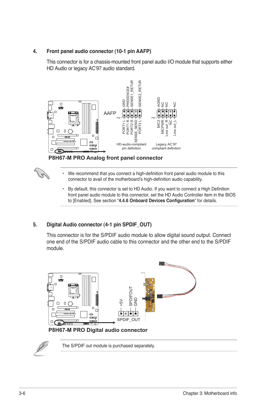 P8h67-m pro analog front panel connector, P8h67-m pro digital audio connector | Asus V9-P8H67E User Manual | Page 49 / 78