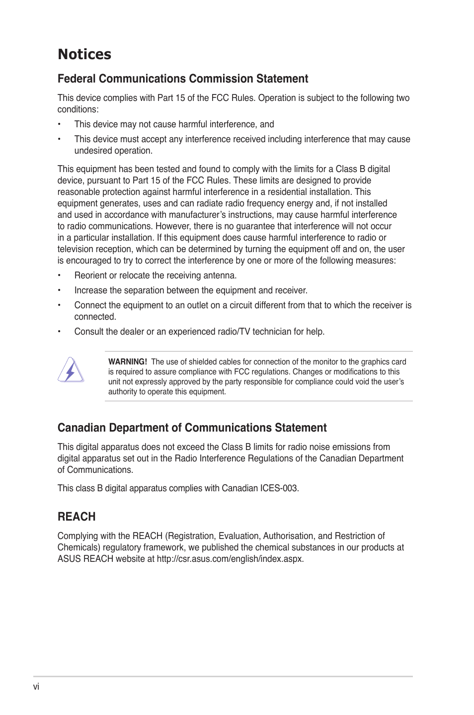 Notices, Federal communications commission statement, Canadian department of communications statement | Reach | Asus V9-P8H67E User Manual | Page 6 / 78