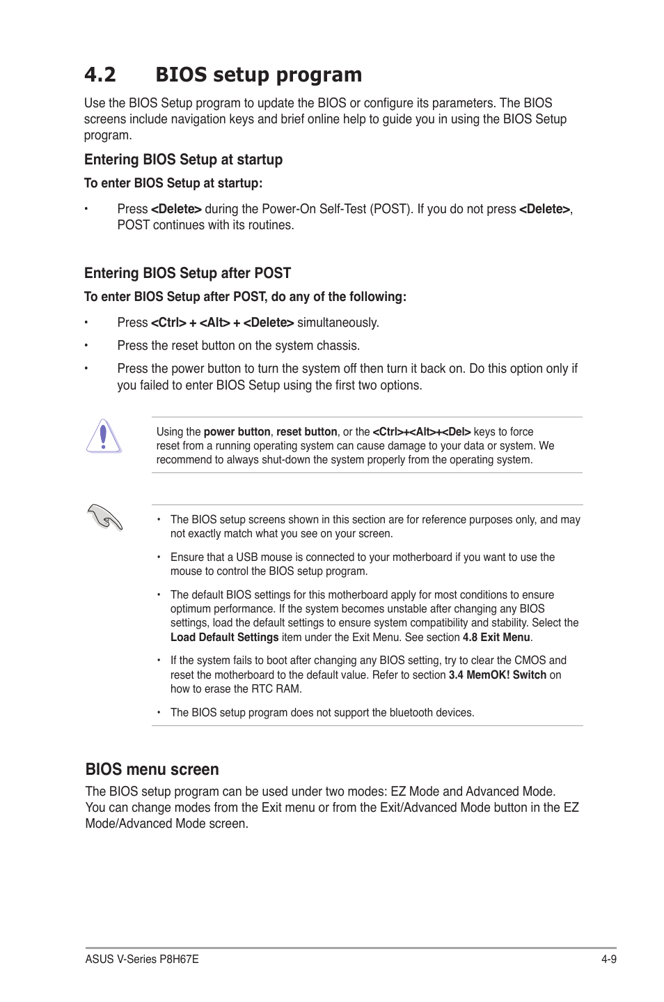 2 bios setup program, Bios menu screen | Asus V9-P8H67E User Manual | Page 62 / 78