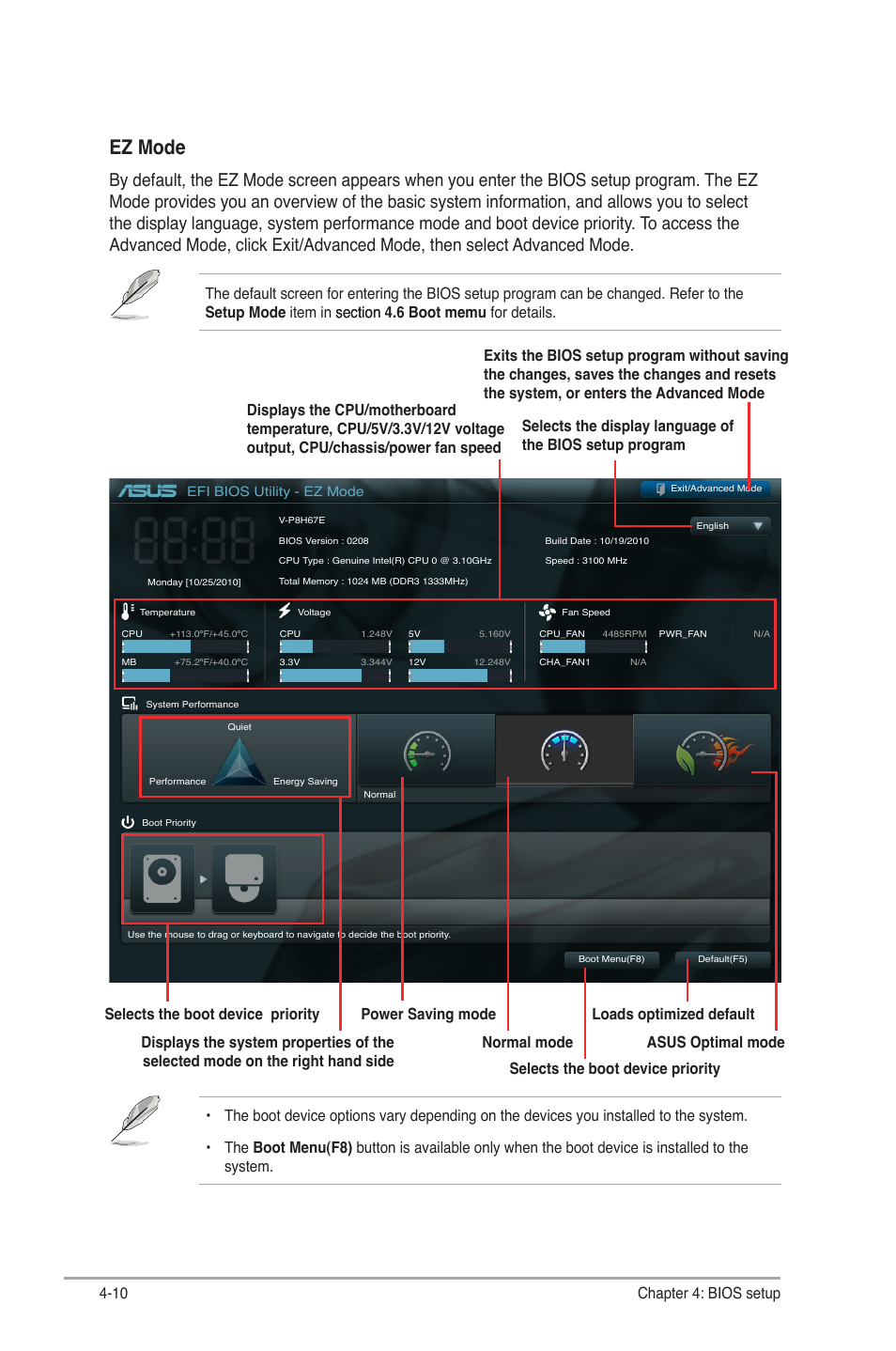 Ez mode, 10 chapter 4: bios setup | Asus V9-P8H67E User Manual | Page 63 / 78