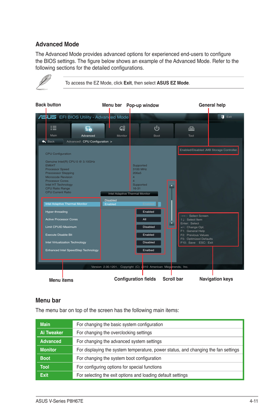 Advanced mode, Menu bar, General help menu bar menu items scroll bar | Back button, Configuration fields pop-up window | Asus V9-P8H67E User Manual | Page 64 / 78