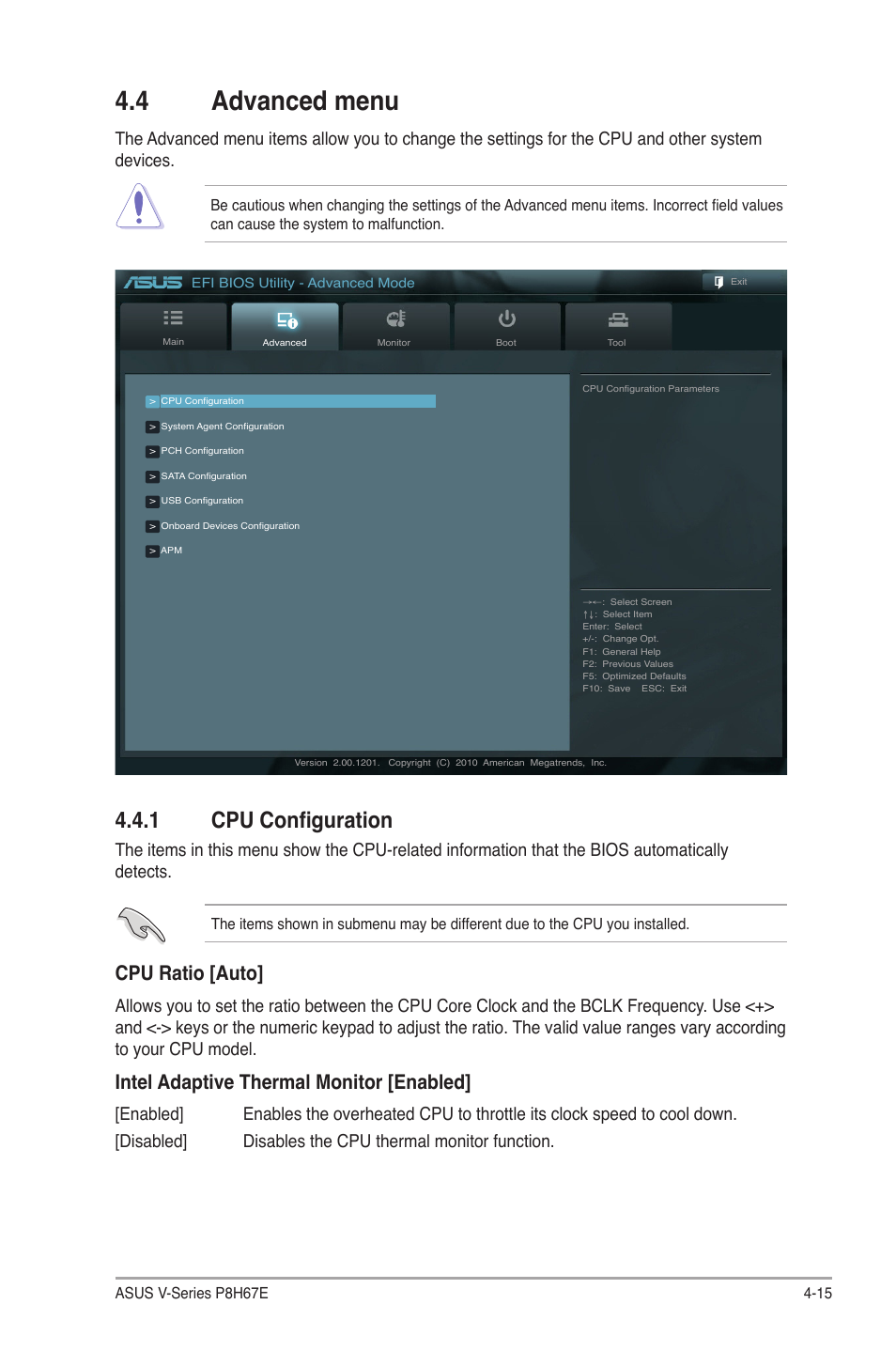 4 advanced menu, 1 cpu configuration, Cpu ratio [auto | Intel adaptive thermal monitor [enabled | Asus V9-P8H67E User Manual | Page 68 / 78