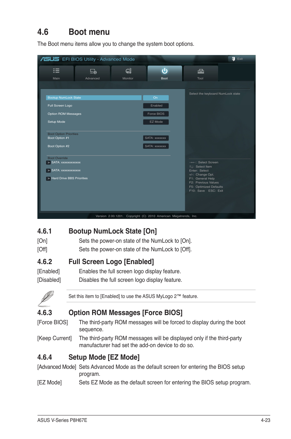 6 boot menu, 1 bootup numlock state [on, 2 full screen logo [enabled | 3 option rom messages [force bios, 4 setup mode [ez mode | Asus V9-P8H67E User Manual | Page 76 / 78