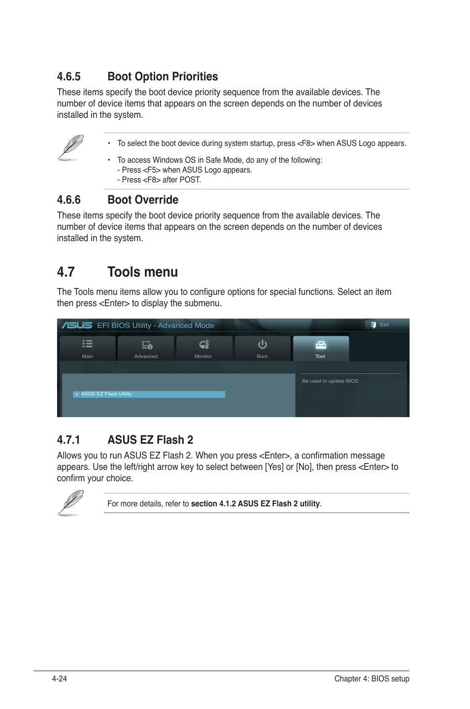 7 tools menu, 5 boot option priorities, 6 boot override | 1 asus ez flash 2 | Asus V9-P8H67E User Manual | Page 77 / 78