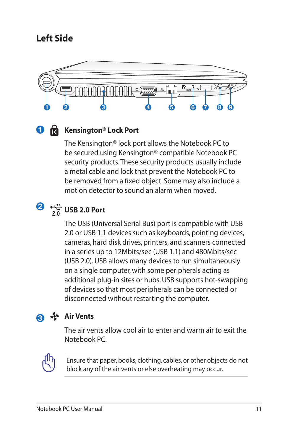 Left side | Asus U81A User Manual | Page 11 / 28